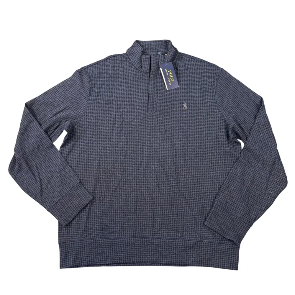 Polo Ralph Lauren Mens Quarter Zip Navy Houndstooth Cotton Blend Pullover Size L